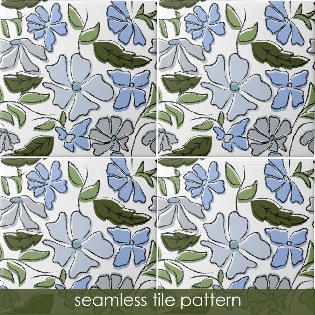 Blockutskrift av blått och Grönt Hand plockade-Blo Kakelplatta (Blue and Green Hand Drawn Floral Block Print Ceramic Tile)