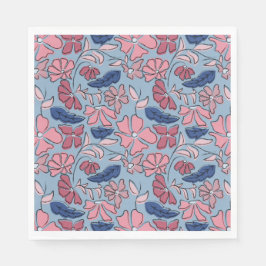 Blockutskrift av rosa Blue Hand plockade Blommigt Pappersservett