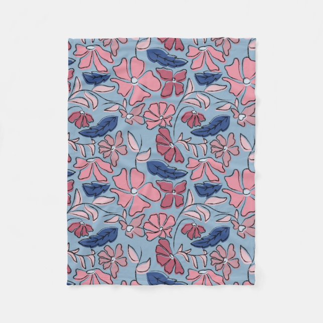 Blockutskrift av rosa och blått Hand plockade-Blom Fleecefilt (Framsidan)