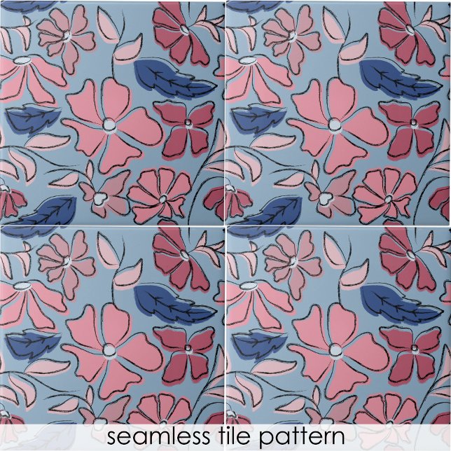Blockutskrift av rosa och blått Hand plockade-Blom Kakelplatta (Pink and Blue Hand Drawn Floral Block Print Ceramic Tile)