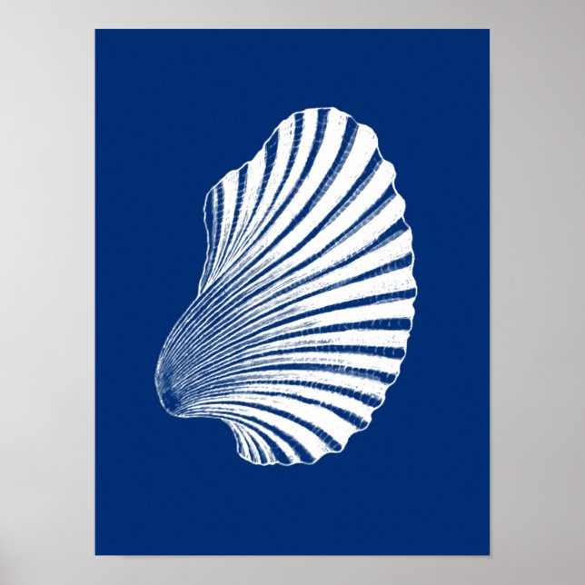 Blockutskrift av Scallop-Snäcka, Blå och vit marin Poster (Framsidan)