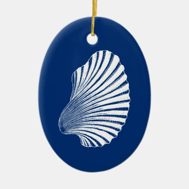 Blockutskrift av Scallop-Snäcka, Blått och vitt Julgransprydnad Keramik (Framsidan)