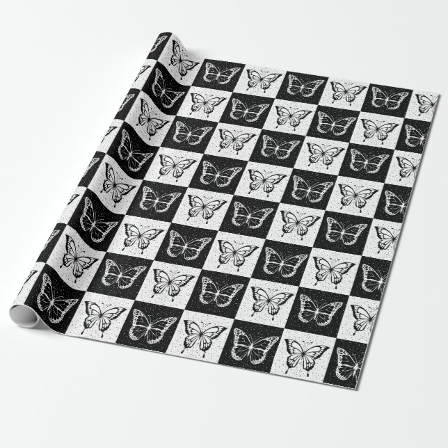 Blockutskrift av svart, vitt fjäril-kryssat presentpapper (Utrullad)