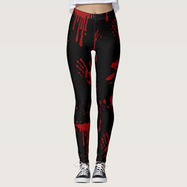 Blod Splatter Bloody Handprint Black Halloween Leggings (Framsida)
