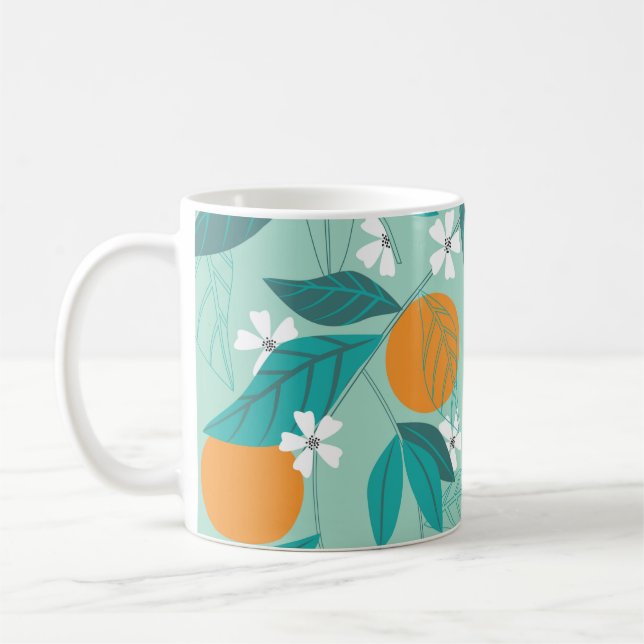 Blodande orangar i löv. illustration kaffemugg (Vänster)