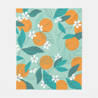 Blodande orangar, löv, vintage konst. fleecefilt