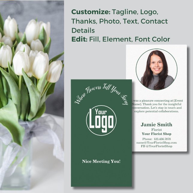 Blodanslutningar: Nice-möte som du floriserar Visitkort (Blooming Connections: Nice Meeting You Florist Business Card, Custom Logo, Profile Photo, Message)