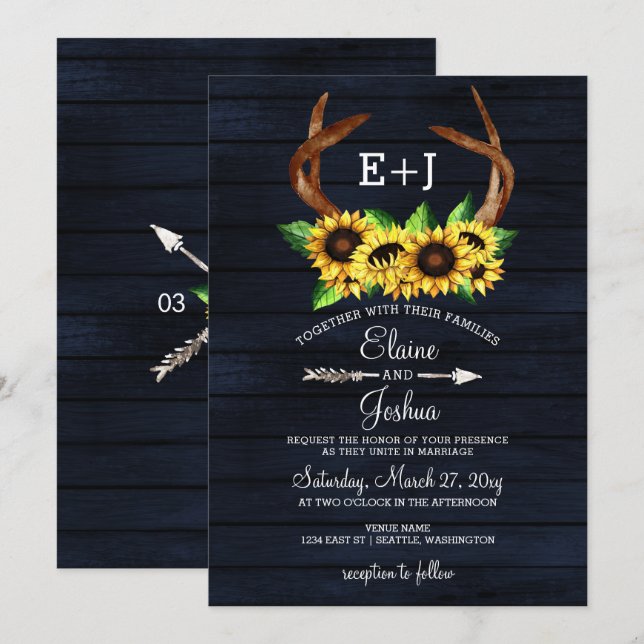 Blodblommor Antlers Land Chic Bröllop Inbjudningar (Fram/baksida)