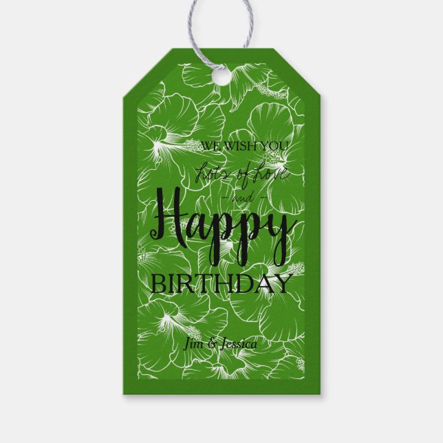 Blodda Hibiscus Blommigt Grönt Skiss Presentetikett (Framsidan)