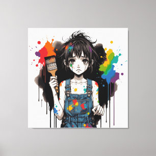 Blöder Färger Gråtande Konstnär Flicka Manga Anime Canvastryck