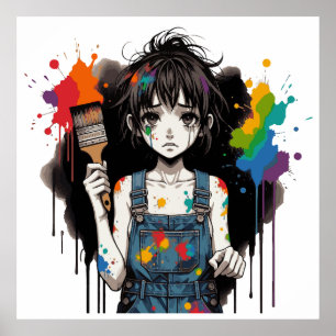 Blöder Färger Gråtande Konstnär Flicka Manga Anime Poster