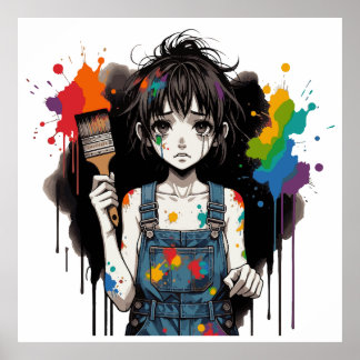 Blöder Färger Gråtande Konstnär Flicka Manga Anime Poster