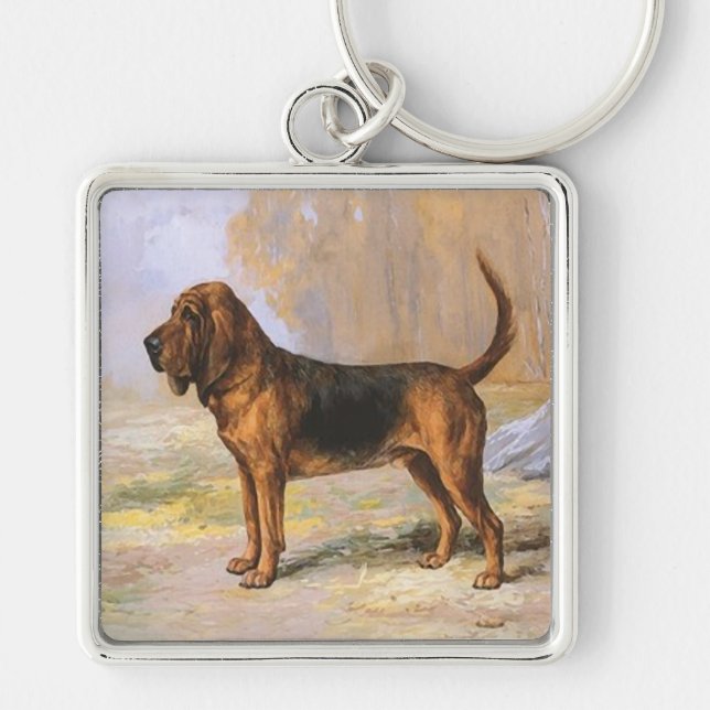 Blodhund Fyrkantig Silverfärgad Nyckelring (Framsidan)