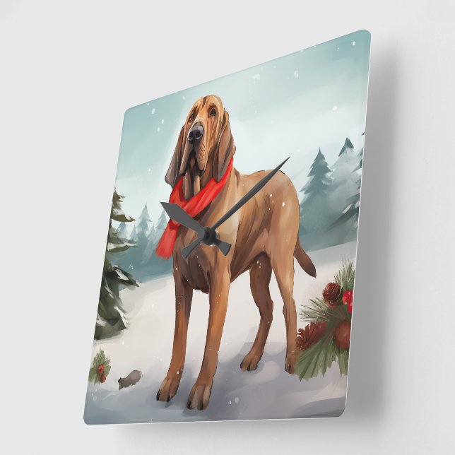 Blodhund Hund i Snö Jul Fyrkantig Klocka (Vinkel)
