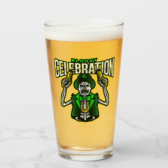 Blodig firande skelett Leprechaun pintglas Glaskopp (Framsida fylld)
