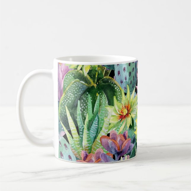 Blodkaktus, vattenfärgssömlös mönster. kaffemugg (Vänster)