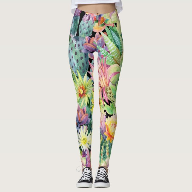 Blodkaktus, vattenfärgssömlös mönster. leggings (Framsida)