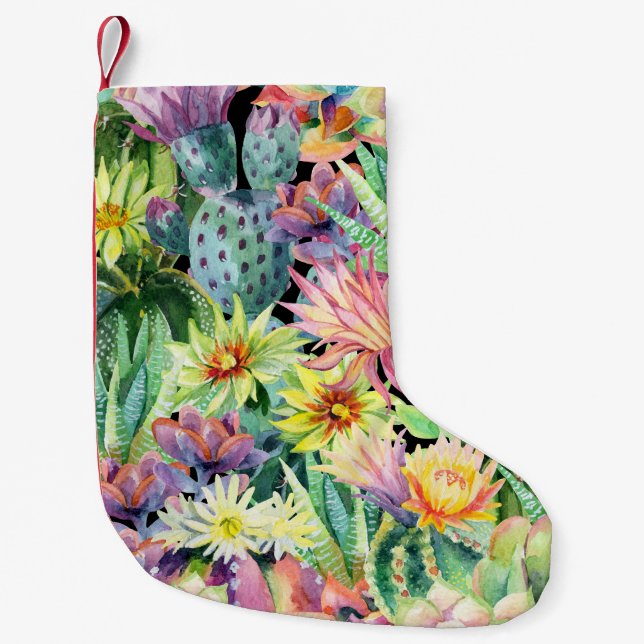 Blodkaktus, vattenfärgssömlös mönster. liten julstrumpa (Framsidan)