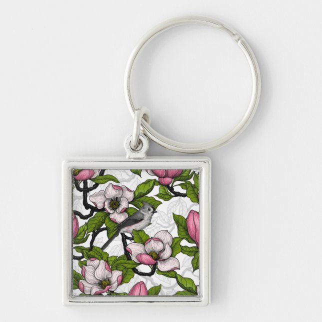 Blodmagnolia och timus fyrkantig silverfärgad nyckelring (Framsidan)
