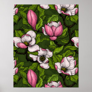 Blodmagnolia på mörk grönt poster
