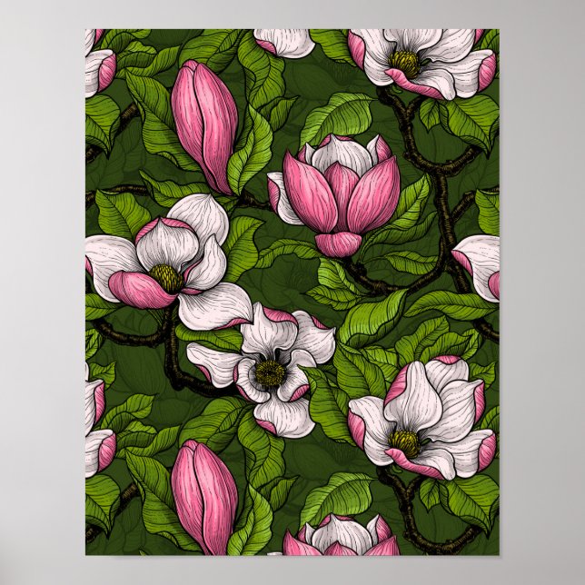 Blodmagnolia på mörk grönt poster (Framsidan)