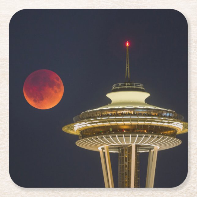 Blodmån | Seattle Space Needle Underlägg Papper Kvadrat (Framsidan)