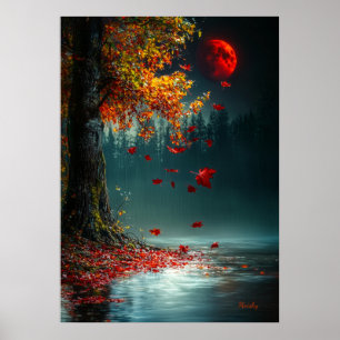 Blodmåne över höstsjön - Mystisk höst Poster