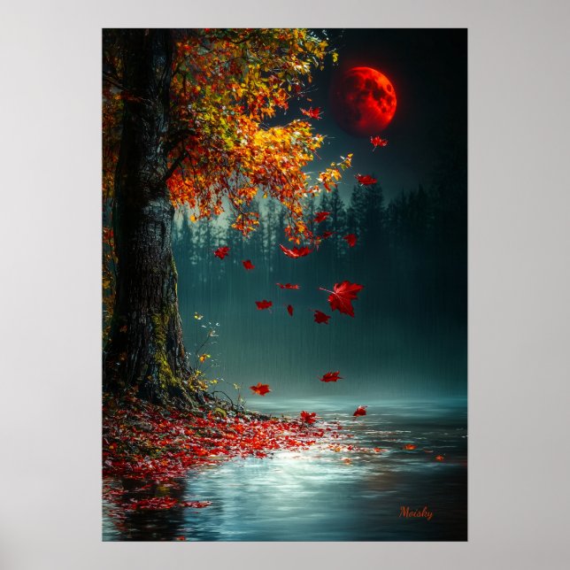 Blodmåne över höstsjön - Mystisk höst Poster (Framsidan)