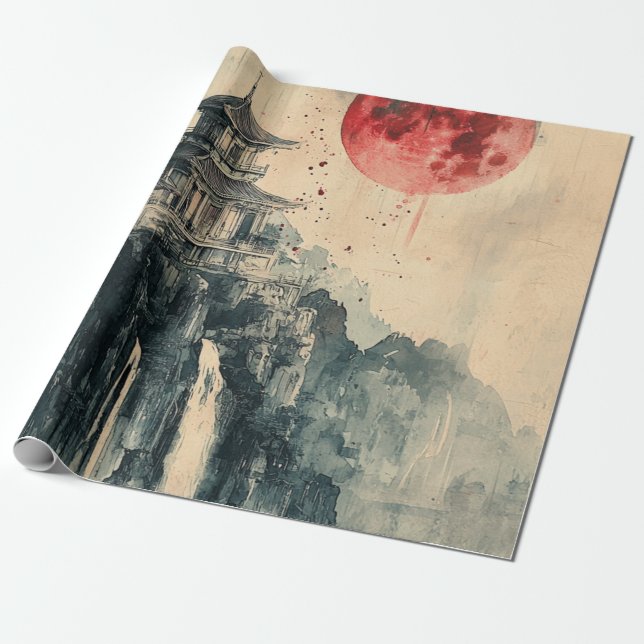 Blodmåne Pagod Bläcktvätt Presentpapper (Utrullad)