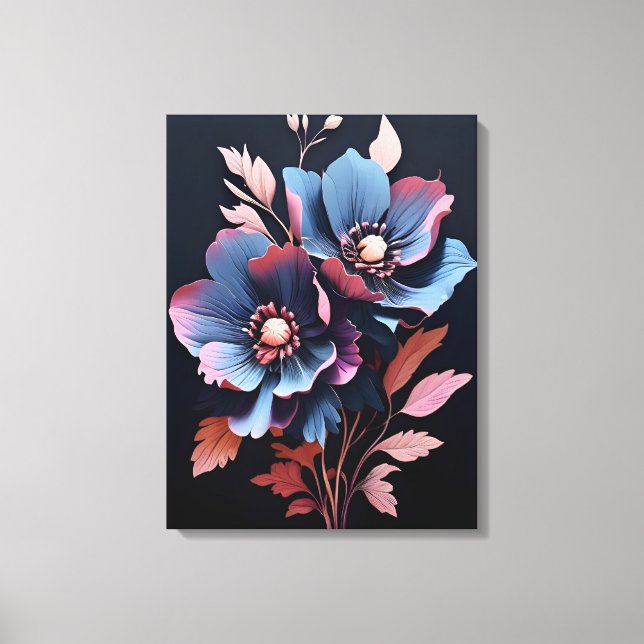 Blodmörker: Blå och Rosa Flowers Canvastryck (Framsida)