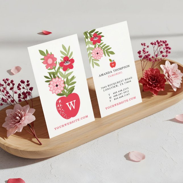 Blodning av Blommigt Red Apple Learning Visitkort (Blooming Floral Red Apple Learning Tutoring Business Card)