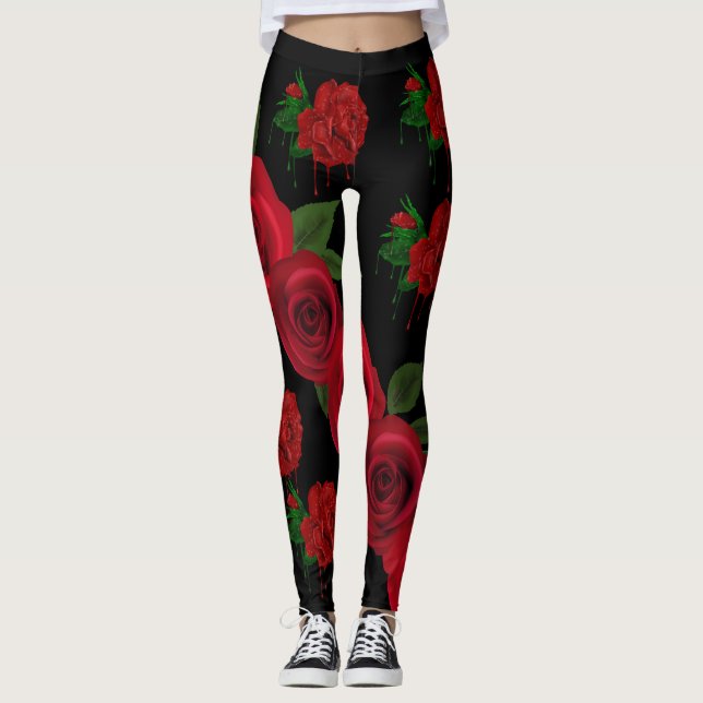 Blodröd rosdamasker leggings (Framsida)