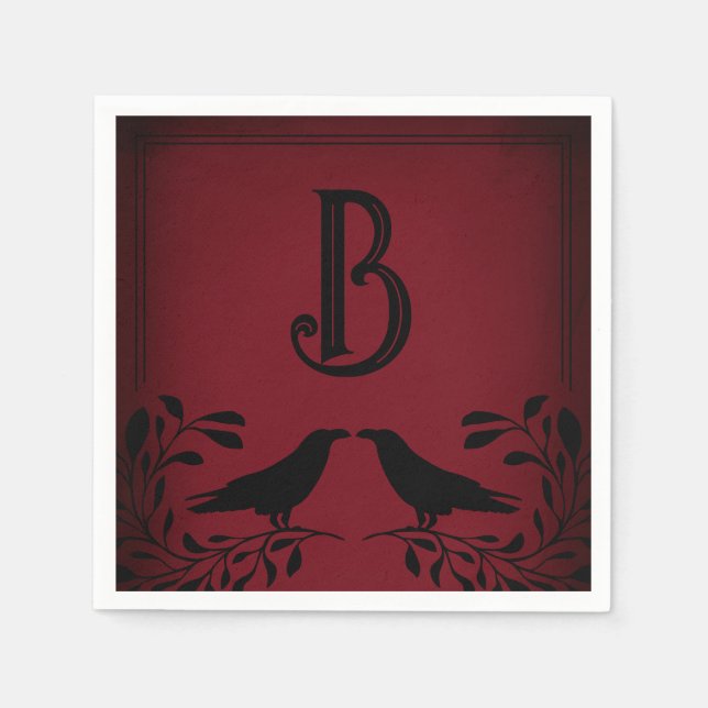 Blodröd svart korpmonogram Gothbröllop Pappersservett (Framsidan)