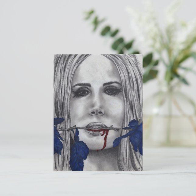 Blodrosor Vampire Kvinna Porträtt Blod Goth Konst Vykort (Stående Fram)
