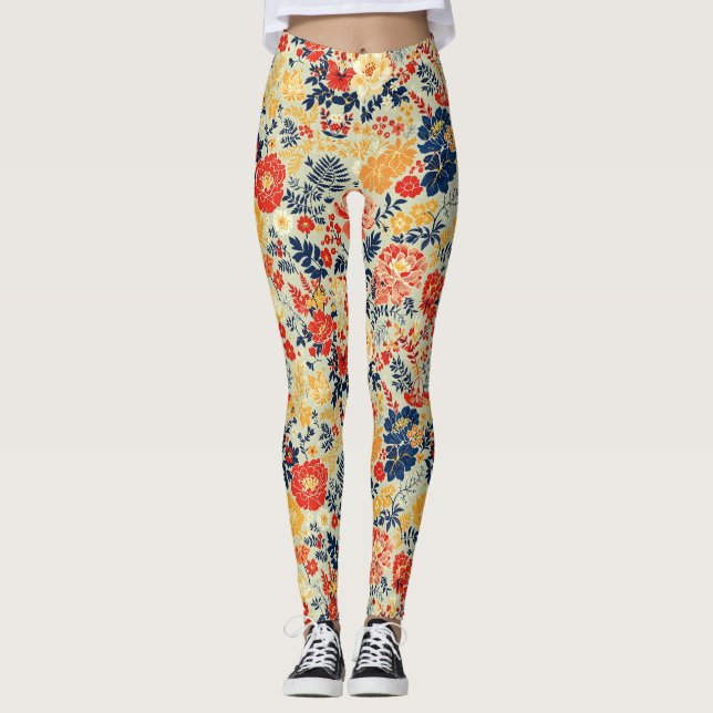 Blodvit, gult och vit flora leggings (Framsida)