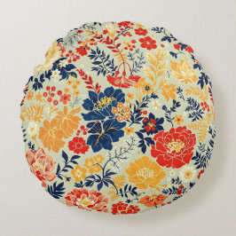 Blodvit, gult och vit flora rund kudde