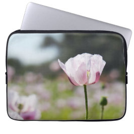 Bloemen veld met close up bloeiende lila bloem. laptop fodral