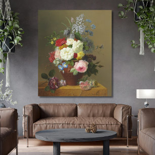Bloemers Ro och Wildblommor i en Terracotta... Canvastryck