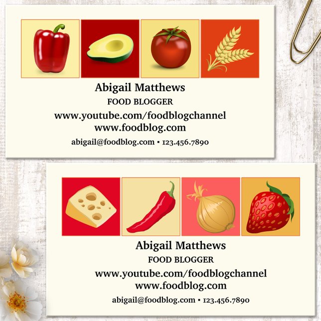 Bloggare för modern design för livsmedel visitkort (Modern business card featuring imagery of different foods on colorful backgrounds - food blogger)