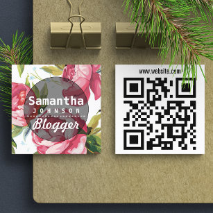 Bloggare QR-kod för modern Rosa Blommigt Fyrkantigt Visitkort