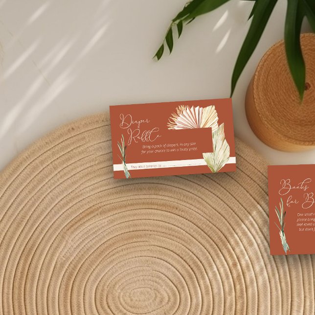 Blöja Lotteri Boho Lövverk Terrakotta Bebis Shower Tilläggskort (Diaper Raffle enclosure card in terracotta with boho palm leaves)