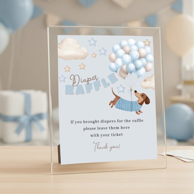 Blöja Lotteri Dachshund Blå Bebis Kalas Spel Poster (Baby Shower Diaper Raffle Sign. Dachshund and balloons design in blue and beige)
