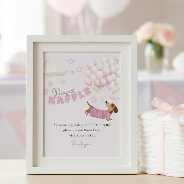 Blöja Lotteri Dachshund Rosa Bebis Badrumslek Poster (Pink dachshund theme diaper raffle sign for girl baby shower)