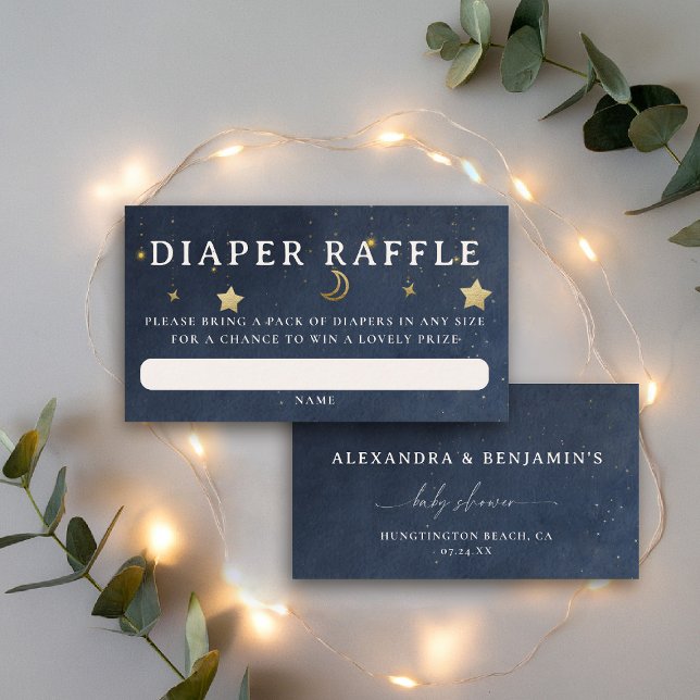 Blöja Lotteri Måne Stjärnklar Natt Blå Bebis Dusch Tilläggskort (over the moon baby shower diaper raffle card navy gold stars mobile celestial twinkle starry night)