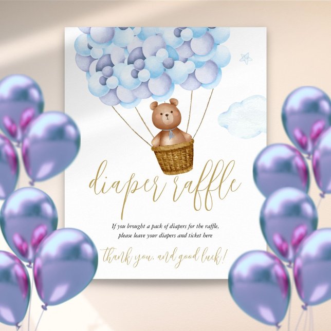 Blöja Lotteri Teddybjörn Blå Bebis Shower Skylt (Diaper Raffle Teddy Bear Blue Baby Shower Sign)