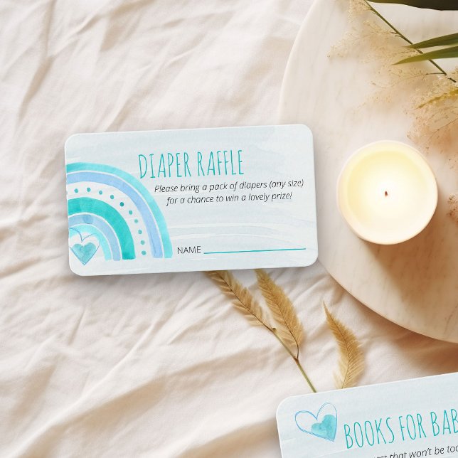 Blöjlotteri Dikt Turkos Regnbåge Bebis Shower Tilläggskort (Diaper Raffle ticket insert card with turquoise color rainbow)