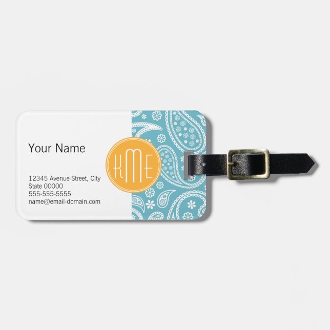 Blom- AquablåttPaisley mönster & gultMonogram Bagagebricka (Horisontell Framsida)