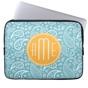 Blom- AquablåttPaisley mönster & gultMonogram Laptop Sleeve