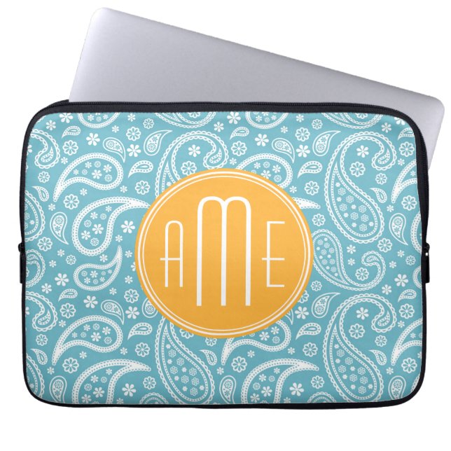 Blom- AquablåttPaisley mönster & gultMonogram Laptop Sleeve (Framsidan)