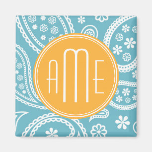 Blom- AquablåttPaisley mönster & gultMonogram Magnet